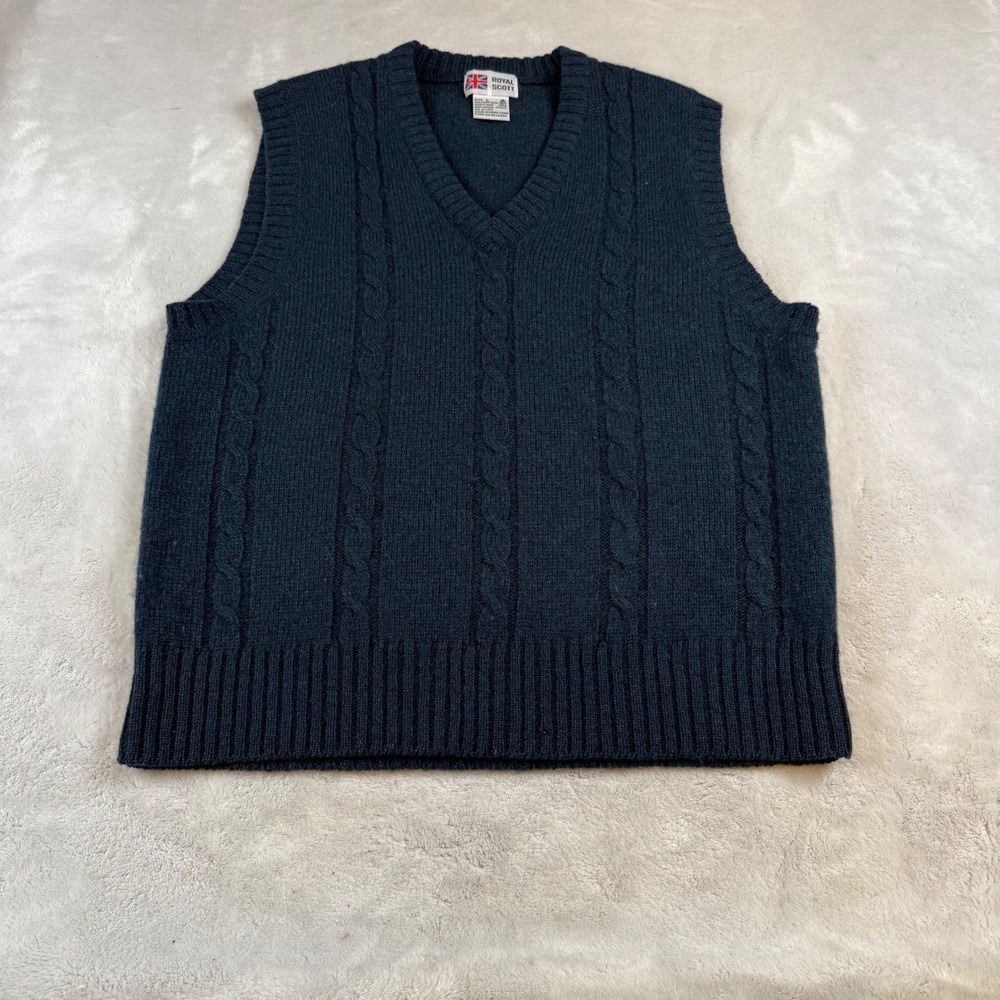 Royal Scott Mens Blue Shetland Wool Cable Knit‎ V-Neck Sweater Vest Large